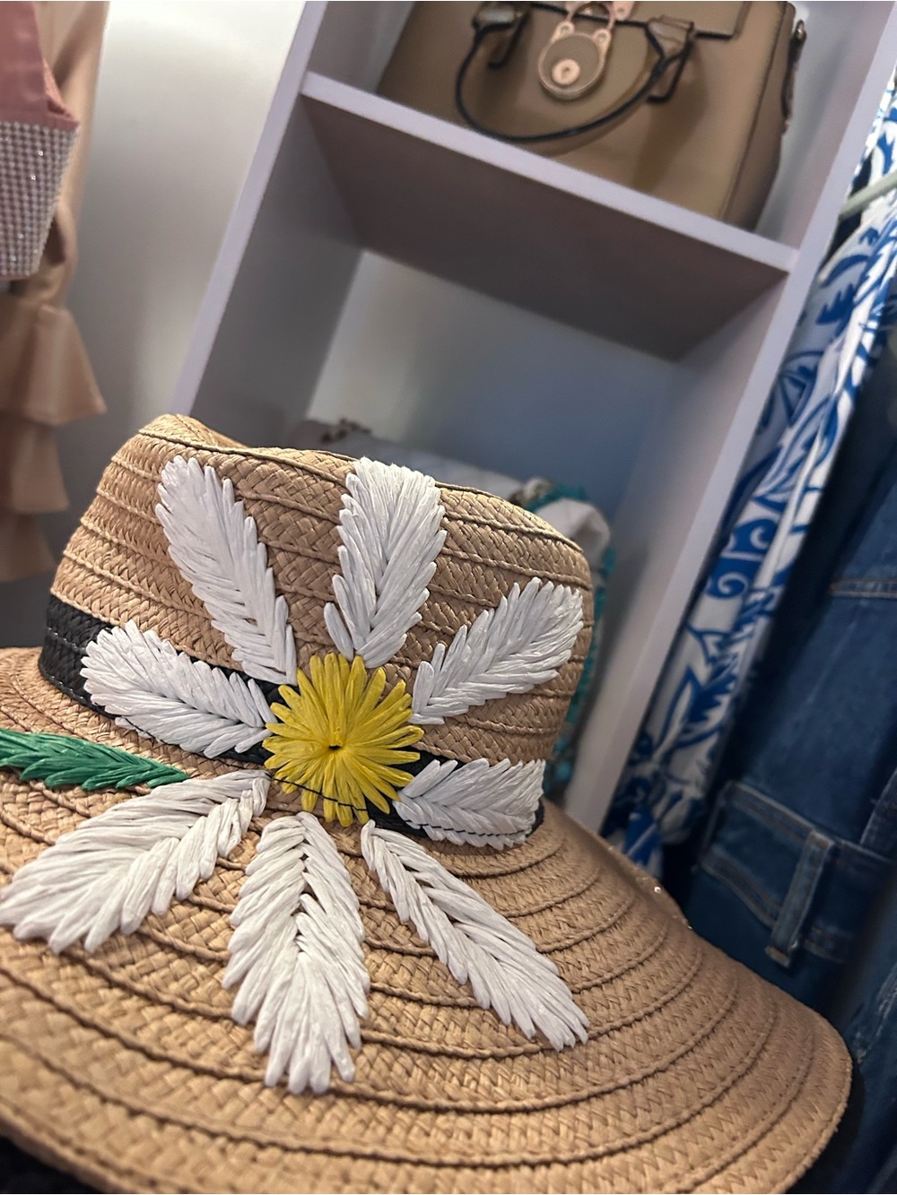 Betsey Johnson Straw Sun Hat with White Daisy and Yellow Center
